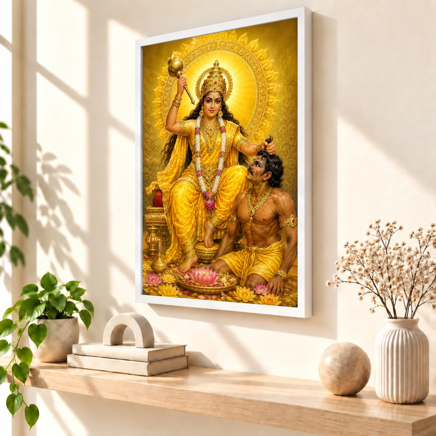 Baglamukhi Devi Traditional Indian Miniature-Inspired Devotional Art Photo Frame 7 Baglamukhi Devi Traditional Indian Miniature-Inspired Devotional Art Photo Frame — white frame warm console