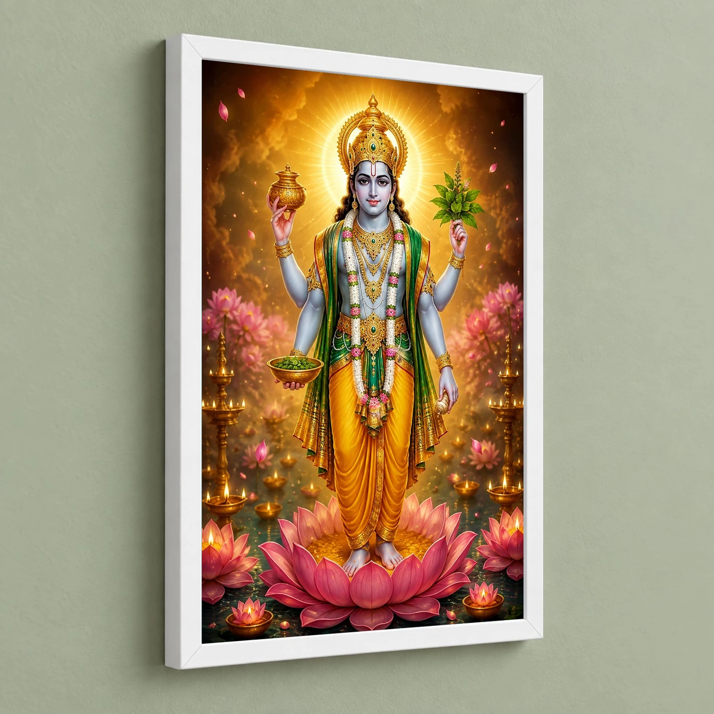 Dhanvantari Lotus And Diya Radiance Photo Frame 5 Dhanvantari Lotus And Diya Radiance Photo Frame — white frame angled wall