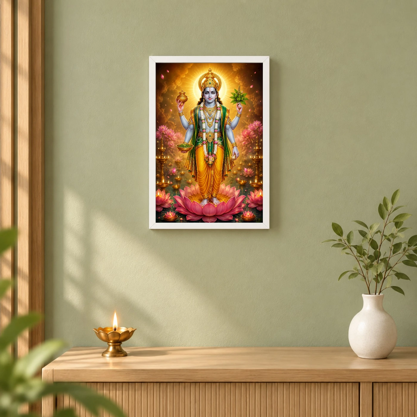 Dhanvantari Lotus And Diya Radiance Photo Frame 6 Dhanvantari Lotus And Diya Radiance Photo Frame — white frame distant wall
