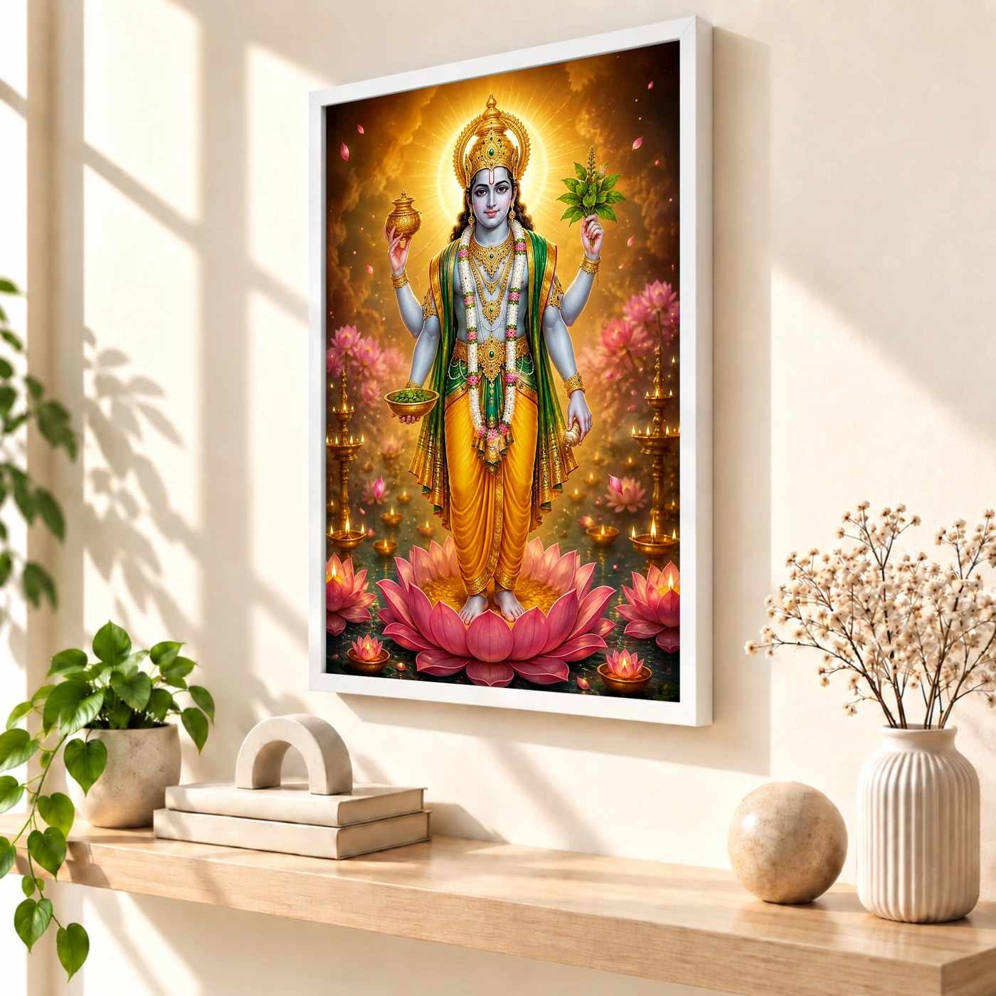 Dhanvantari Lotus And Diya Radiance Photo Frame 7 Dhanvantari Lotus And Diya Radiance Photo Frame — white frame warm console