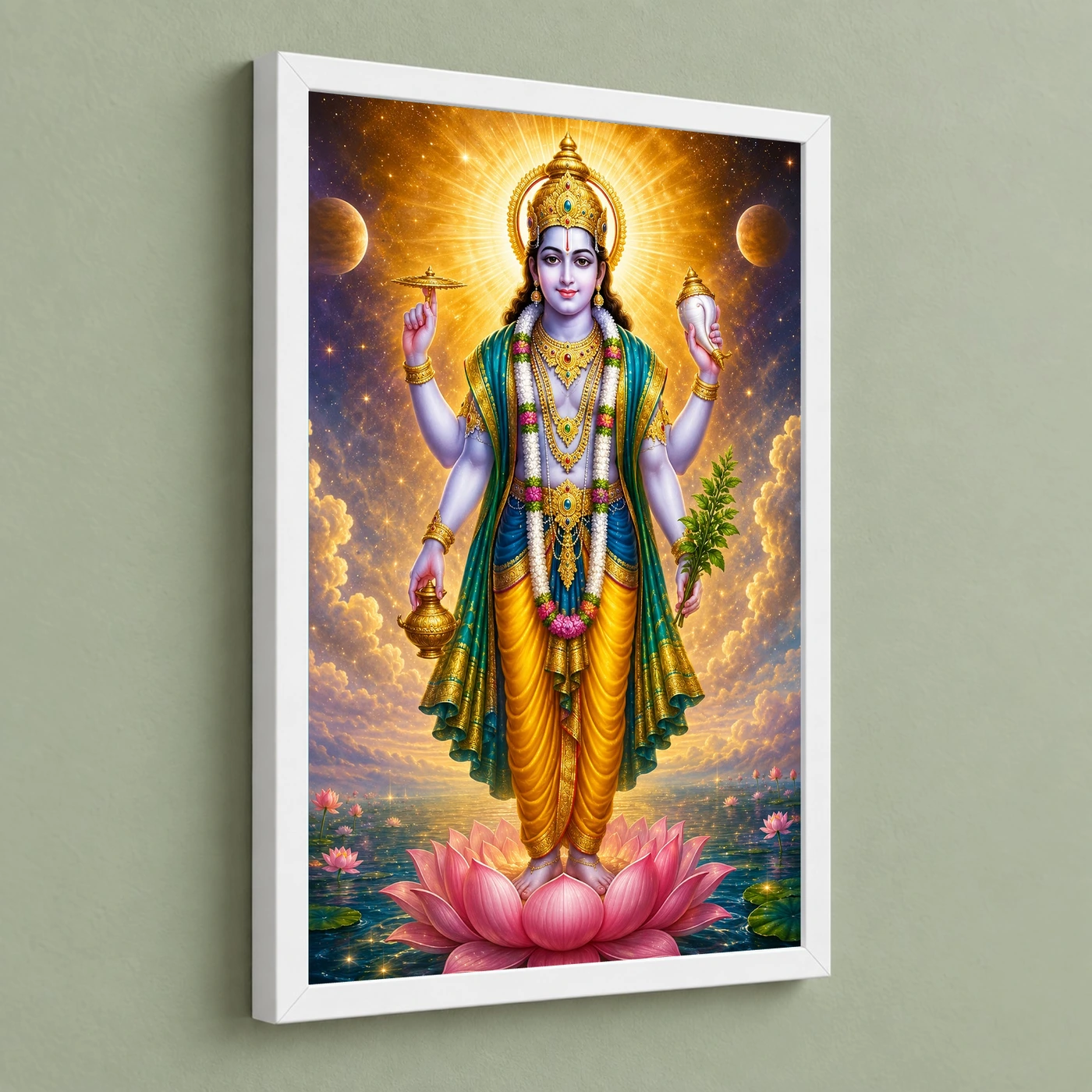 Dhanvantari Cosmic Celestial Aura Photo Frame 5 Dhanvantari Cosmic Celestial Aura Photo Frame — white frame angled wall