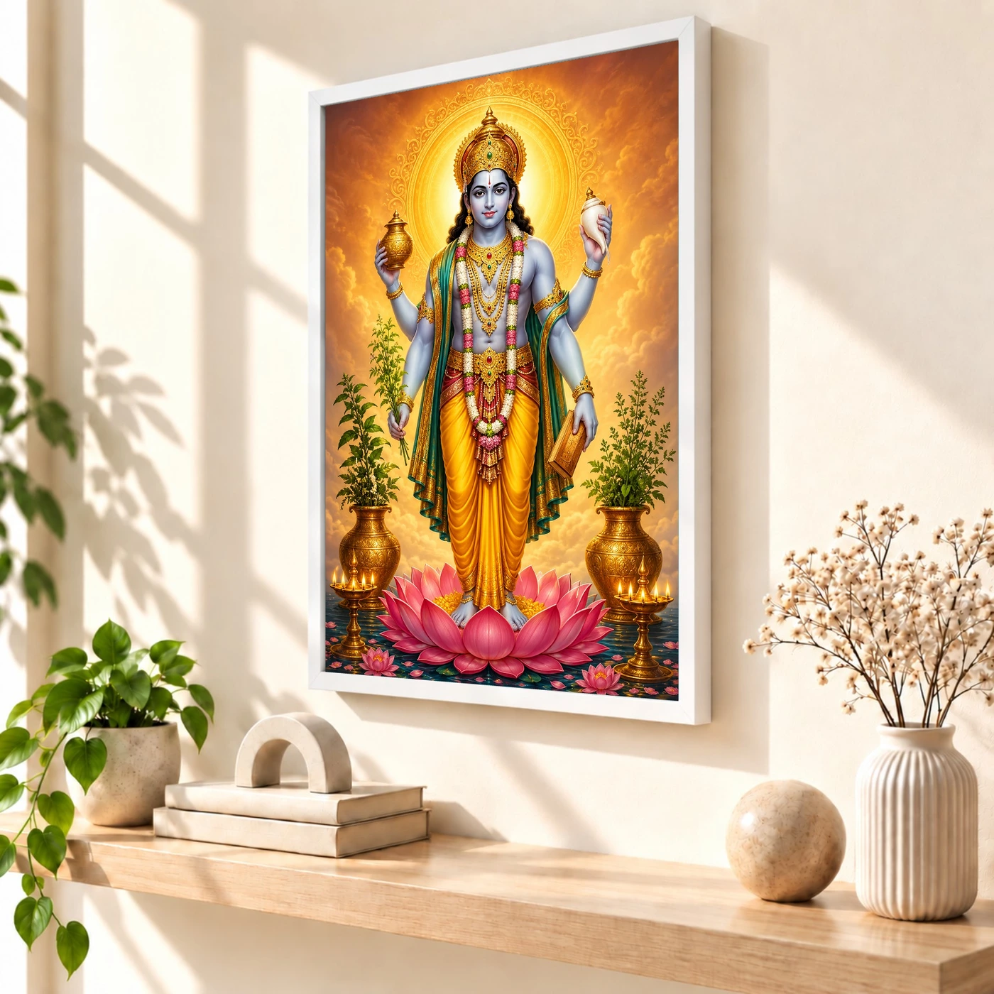 Dhanvantari Peaceful Home Mandir Composition Photo Frame 7 Dhanvantari Peaceful Home Mandir Composition Photo Frame — white frame warm console