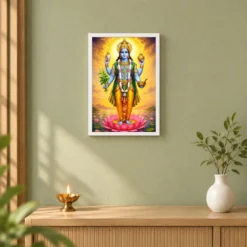 Dhanvantari Vivid Premium Spiritual Poster Art Photo Frame — white frame distant wall