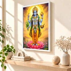 Dhanvantari Vivid Premium Spiritual Poster Art Photo Frame — white frame warm console