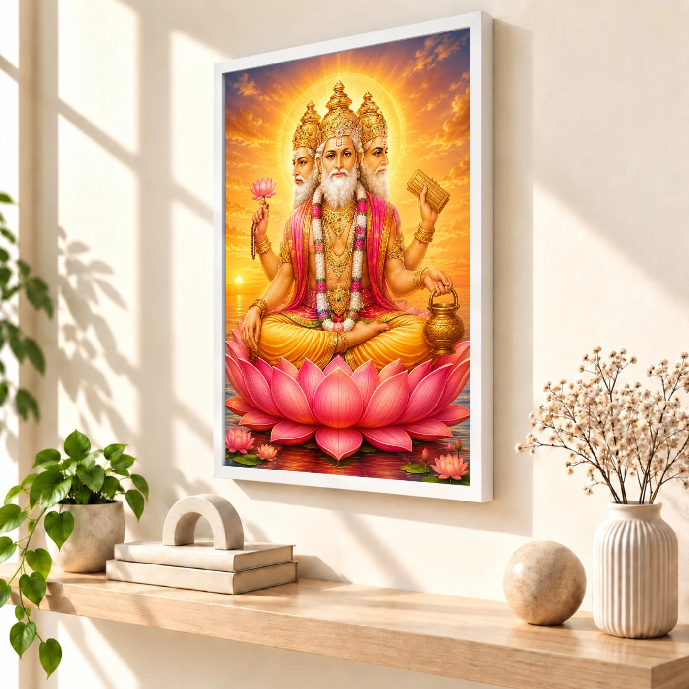 Brahma Dev Serene Sunrise Blessing Photo Frame 7 Brahma Dev Serene Sunrise Blessing Photo Frame — white frame warm console