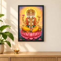 Brahma Dev Peaceful Home Mandir Composition Photo Frame — black frame pooja shelf