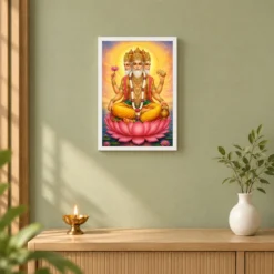 Brahma Dev Peaceful Home Mandir Composition Photo Frame — white frame distant wall