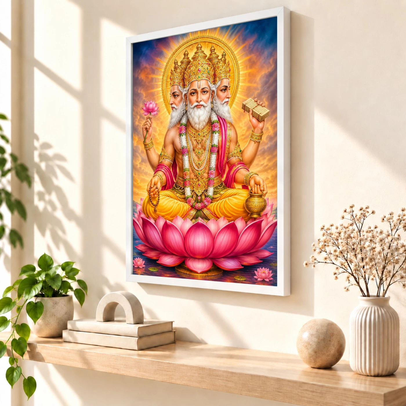 Brahma Dev Vivid Premium Spiritual Poster Art Photo Frame 7 Brahma Dev Vivid Premium Spiritual Poster Art Photo Frame — white frame warm console