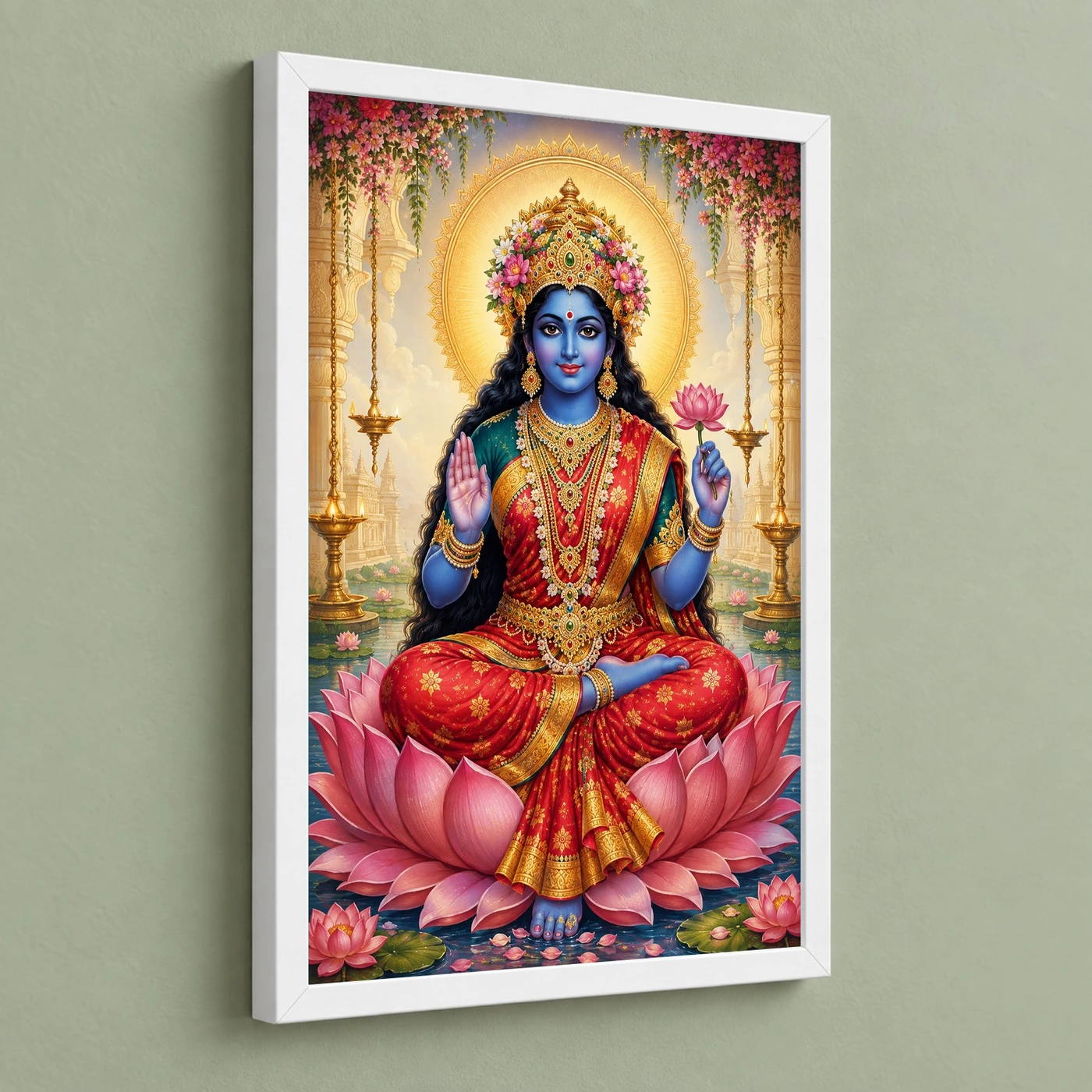 Kali Maa Traditional Indian Miniature-Inspired Devotional Art Photo Frame 5 Kali Maa Traditional Indian Miniature-Inspired Devotional Art Photo Frame — white frame angled wall