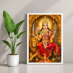 Vaishno Devi Ornate Golden Temple Darshan Photo Frame — white frame console