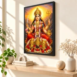Vaishno Devi Serene Sunrise Blessing Photo Frame — black frame console