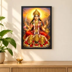 Vaishno Devi Serene Sunrise Blessing Photo Frame — black frame pooja shelf