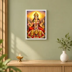 Vaishno Devi Serene Sunrise Blessing Photo Frame — white frame distant wall