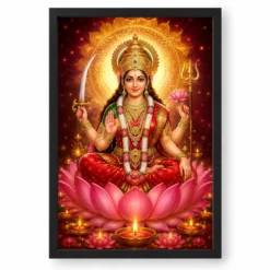 Vaishno Devi Lotus And Diya Radiance Photo Frame — black frame clean