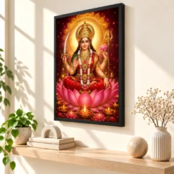 Vaishno Devi Lotus And Diya Radiance Photo Frame — black frame console