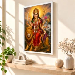 Vaishno Devi Traditional Indian Miniature-Inspired Devotional Art Photo Frame — white frame warm console