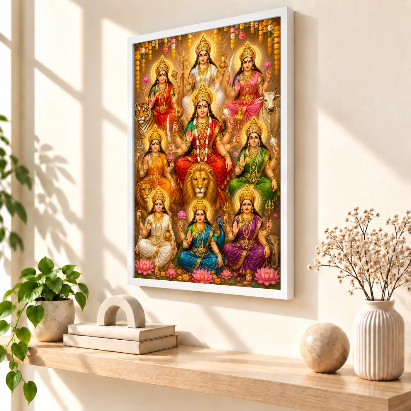 Navdurga Grand Festival Flower Decoration Photo Frame 7 Navdurga Grand Festival Flower Decoration Photo Frame — white frame warm console