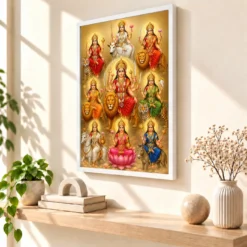 Navdurga Peaceful Home Mandir Composition Photo Frame — white frame warm console