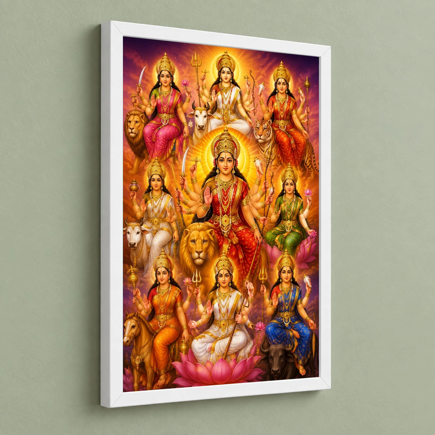 Navdurga Vivid Premium Spiritual Poster Art Photo Frame 5 Navdurga Vivid Premium Spiritual Poster Art Photo Frame — white frame angled wall