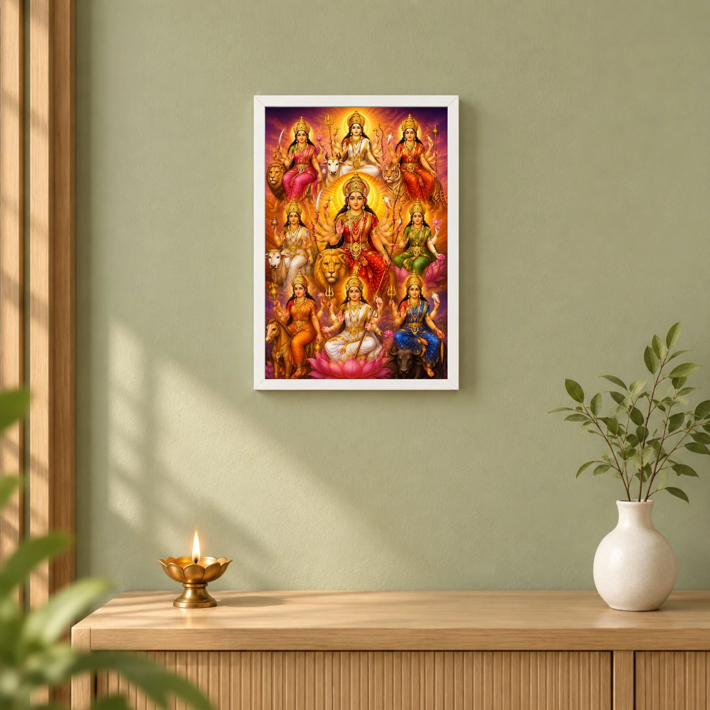 Navdurga Vivid Premium Spiritual Poster Art Photo Frame 6 Navdurga Vivid Premium Spiritual Poster Art Photo Frame — white frame distant wall