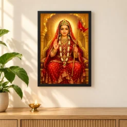 Rani Sati Dadi Ornate Golden Temple Darshan Photo Frame 11 Rani Sati Dadi Ornate Golden Temple Darshan Photo Frame — black frame pooja shelf