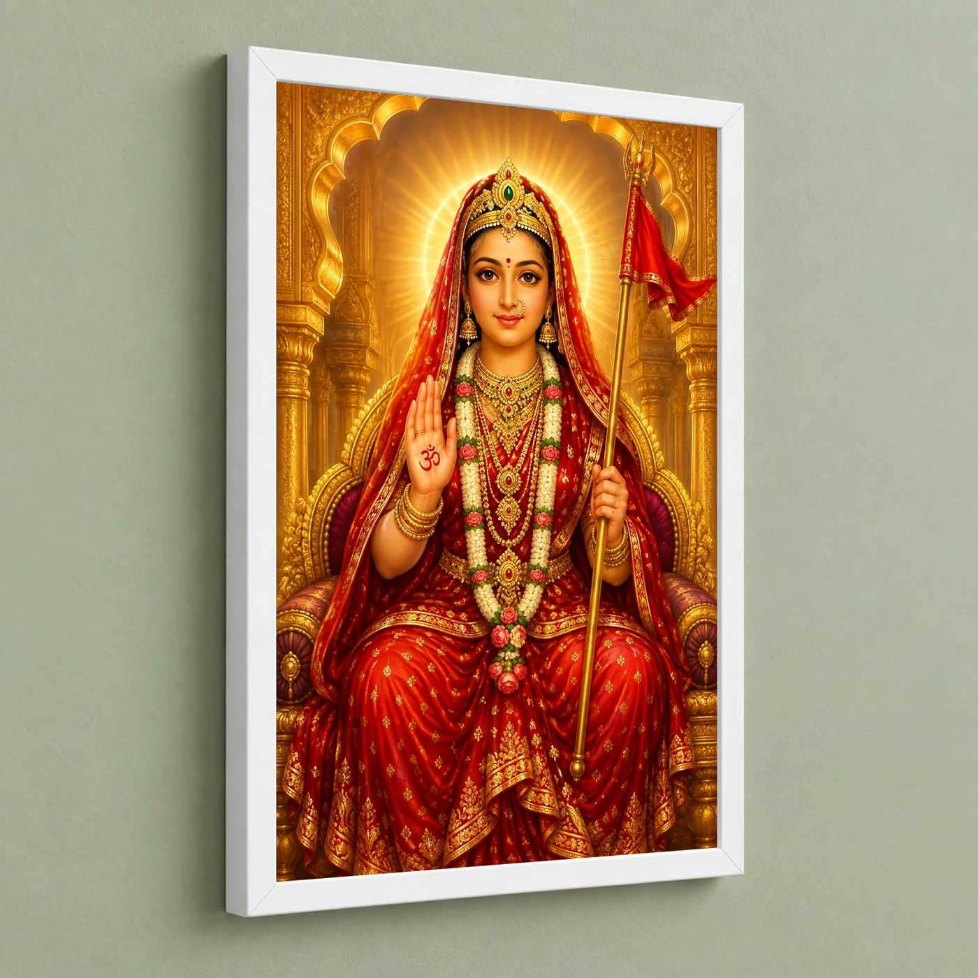 Rani Sati Dadi Ornate Golden Temple Darshan Photo Frame 5 Rani Sati Dadi Ornate Golden Temple Darshan Photo Frame — white frame angled wall