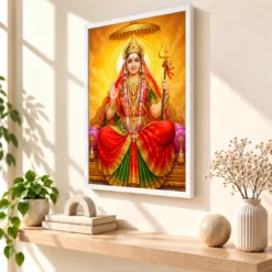 Rani Sati Dadi Peaceful Home Mandir Composition Photo Frame — white frame warm console