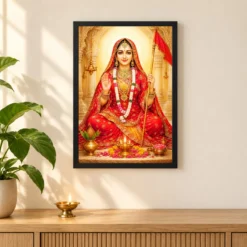 Rani Sati Dadi Heritage Temple Architecture Backdrop Photo Frame — black frame pooja shelf