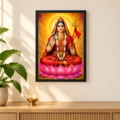 Rani Sati Dadi Vivid Premium Spiritual Poster Art Photo Frame — black frame pooja shelf