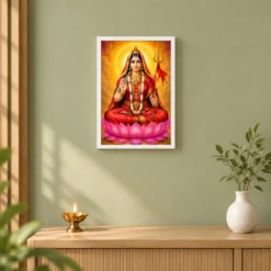 Rani Sati Dadi Vivid Premium Spiritual Poster Art Photo Frame — white frame distant wall
