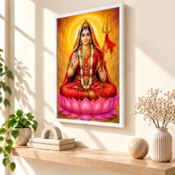 Rani Sati Dadi Vivid Premium Spiritual Poster Art Photo Frame — white frame warm console