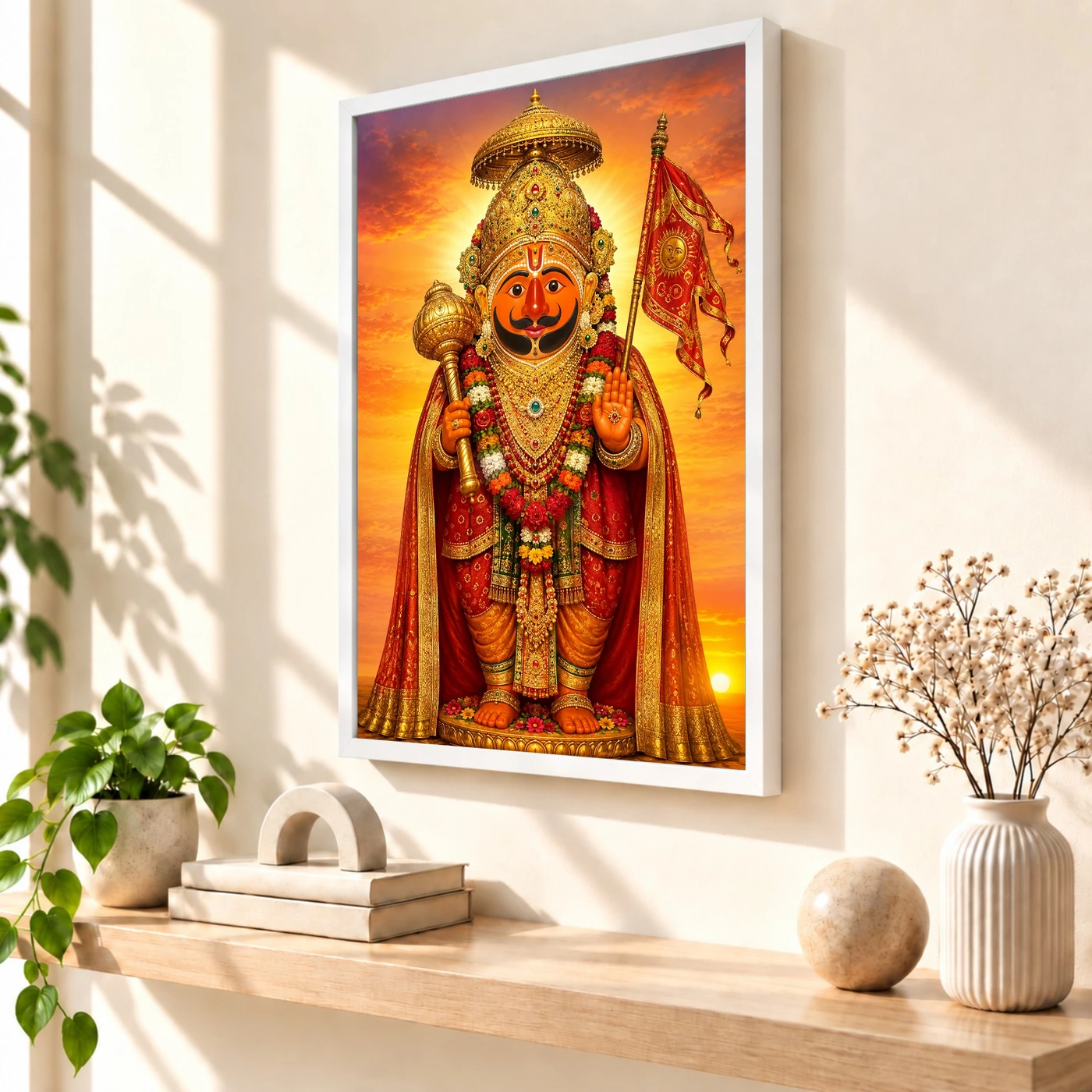Salasar Balaji Serene Sunrise Blessing Photo Frame 7 Salasar Balaji Serene Sunrise Blessing Photo Frame — white frame warm console