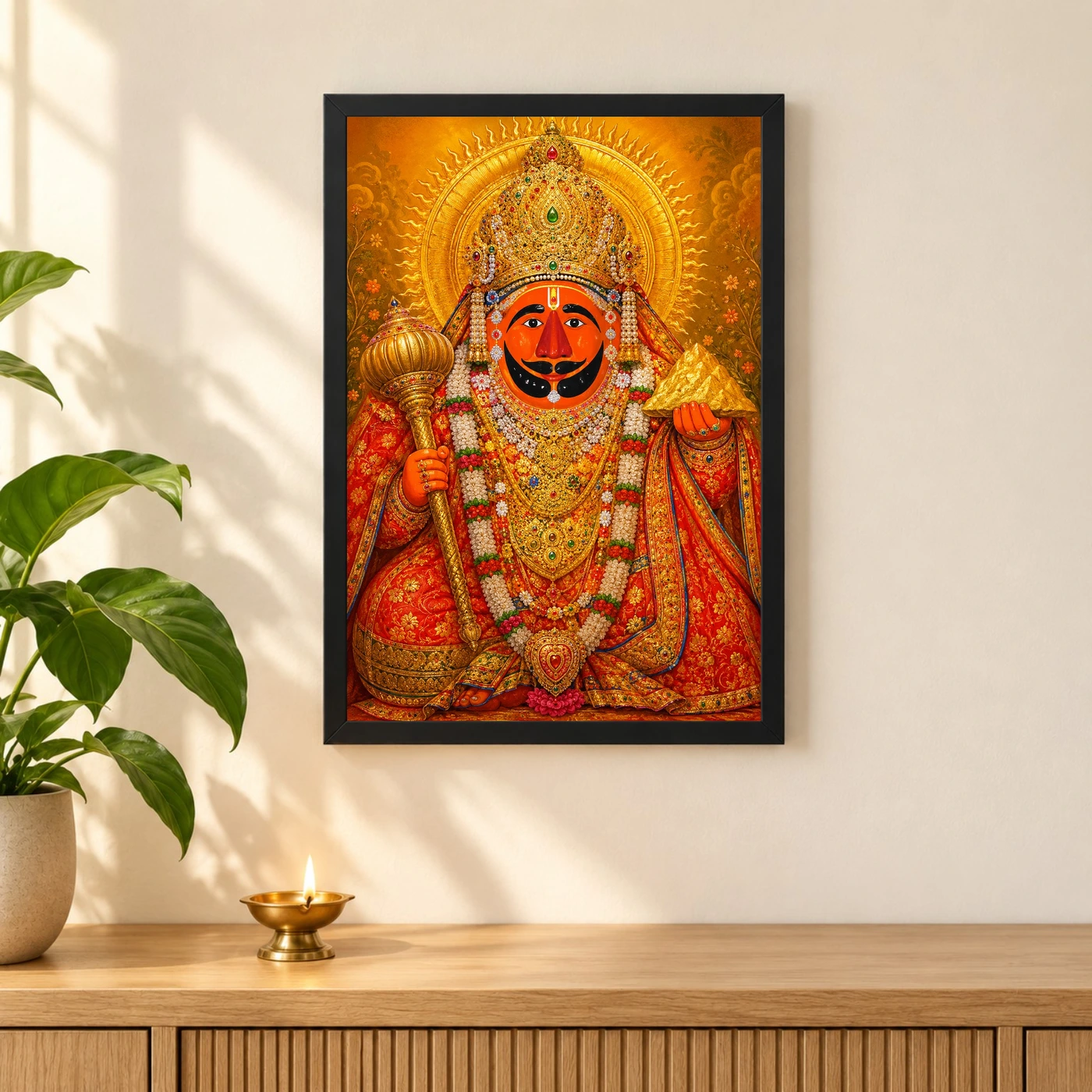 Salasar Balaji Traditional Indian Miniature-Inspired Devotional Art Photo Frame 3 Salasar Balaji Traditional Indian Miniature-Inspired Devotional Art Photo Frame — black frame pooja shelf