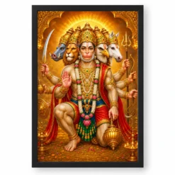 Panchmukhi Hanuman Ornate Golden Temple Darshan Photo Frame — black frame clean