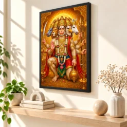 Panchmukhi Hanuman Ornate Golden Temple Darshan Photo Frame — black frame console