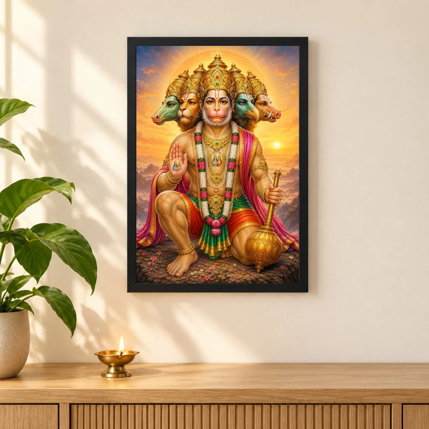 Panchmukhi Hanuman Serene Sunrise Blessing Photo Frame 3 Panchmukhi Hanuman Serene Sunrise Blessing Photo Frame — black frame pooja shelf
