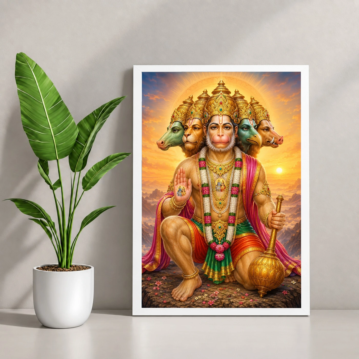 Panchmukhi Hanuman Serene Sunrise Blessing Photo Frame 4 Panchmukhi Hanuman Serene Sunrise Blessing Photo Frame — white frame console