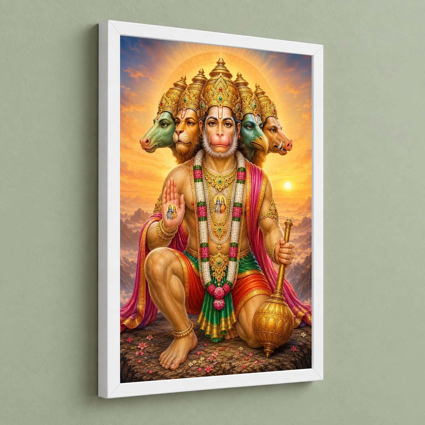 Panchmukhi Hanuman Serene Sunrise Blessing Photo Frame 5 Panchmukhi Hanuman Serene Sunrise Blessing Photo Frame — white frame angled wall