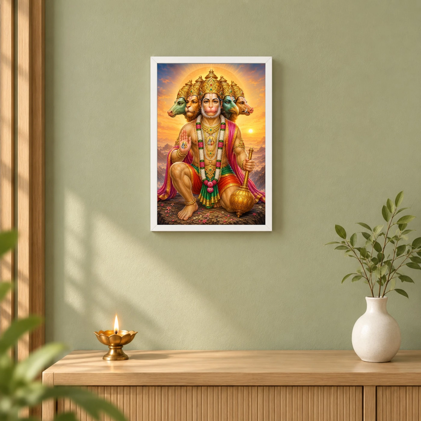 Panchmukhi Hanuman Serene Sunrise Blessing Photo Frame 6 Panchmukhi Hanuman Serene Sunrise Blessing Photo Frame — white frame distant wall