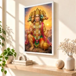 Panchmukhi Hanuman Serene Sunrise Blessing Photo Frame 15 Panchmukhi Hanuman Serene Sunrise Blessing Photo Frame — white frame warm console