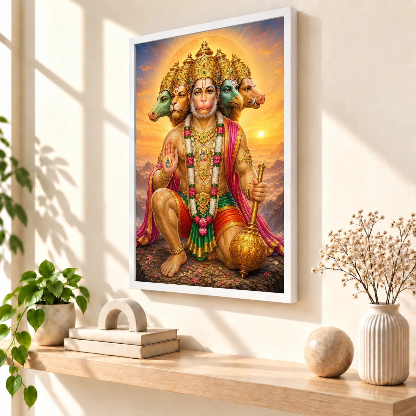 Panchmukhi Hanuman Serene Sunrise Blessing Photo Frame 7 Panchmukhi Hanuman Serene Sunrise Blessing Photo Frame — white frame warm console