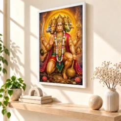 Panchmukhi Hanuman Royal Jewel-Toned Portrait Photo Frame — white frame warm console