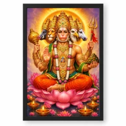 Panchmukhi Hanuman Lotus And Diya Radiance Photo Frame — black frame clean