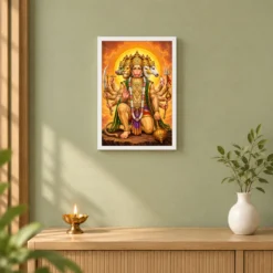 Panchmukhi Hanuman Traditional Indian Miniature-Inspired Devotional Art Photo Frame — white frame distant wall