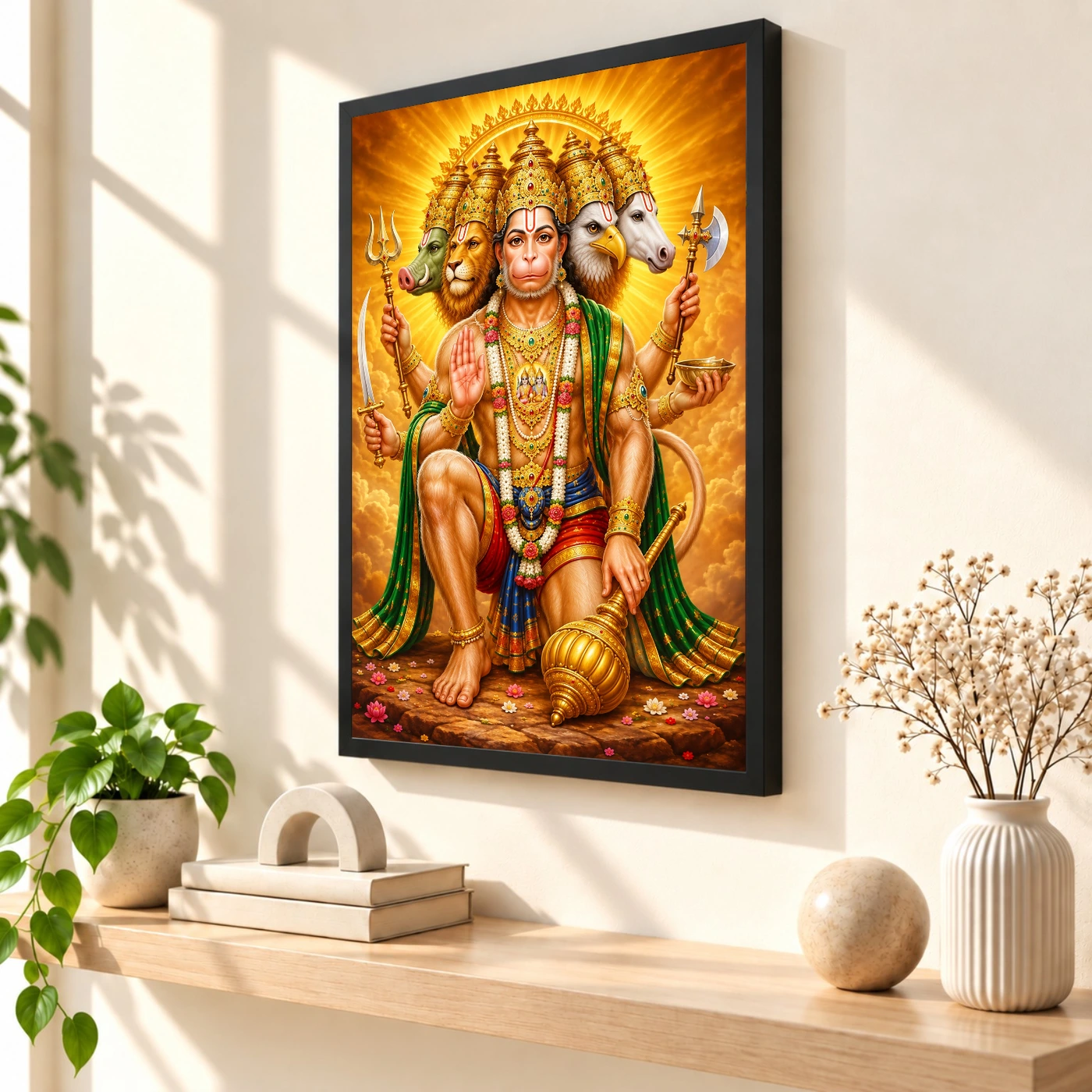 Panchmukhi Hanuman Peaceful Home Mandir Composition Photo Frame 2 Panchmukhi Hanuman Peaceful Home Mandir Composition Photo Frame — black frame console