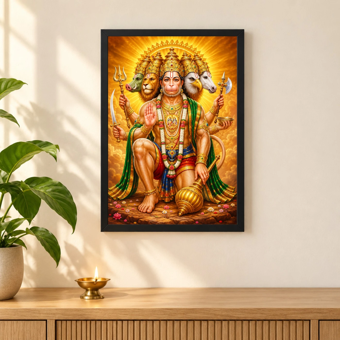 Panchmukhi Hanuman Peaceful Home Mandir Composition Photo Frame 3 Panchmukhi Hanuman Peaceful Home Mandir Composition Photo Frame — black frame pooja shelf