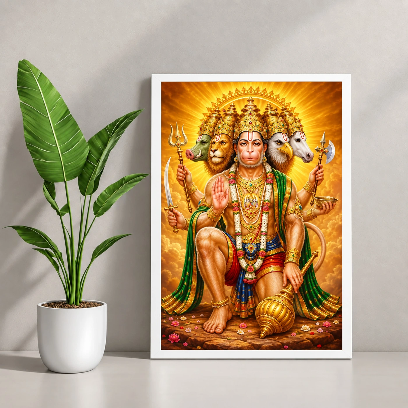 Panchmukhi Hanuman Peaceful Home Mandir Composition Photo Frame 4 Panchmukhi Hanuman Peaceful Home Mandir Composition Photo Frame — white frame console