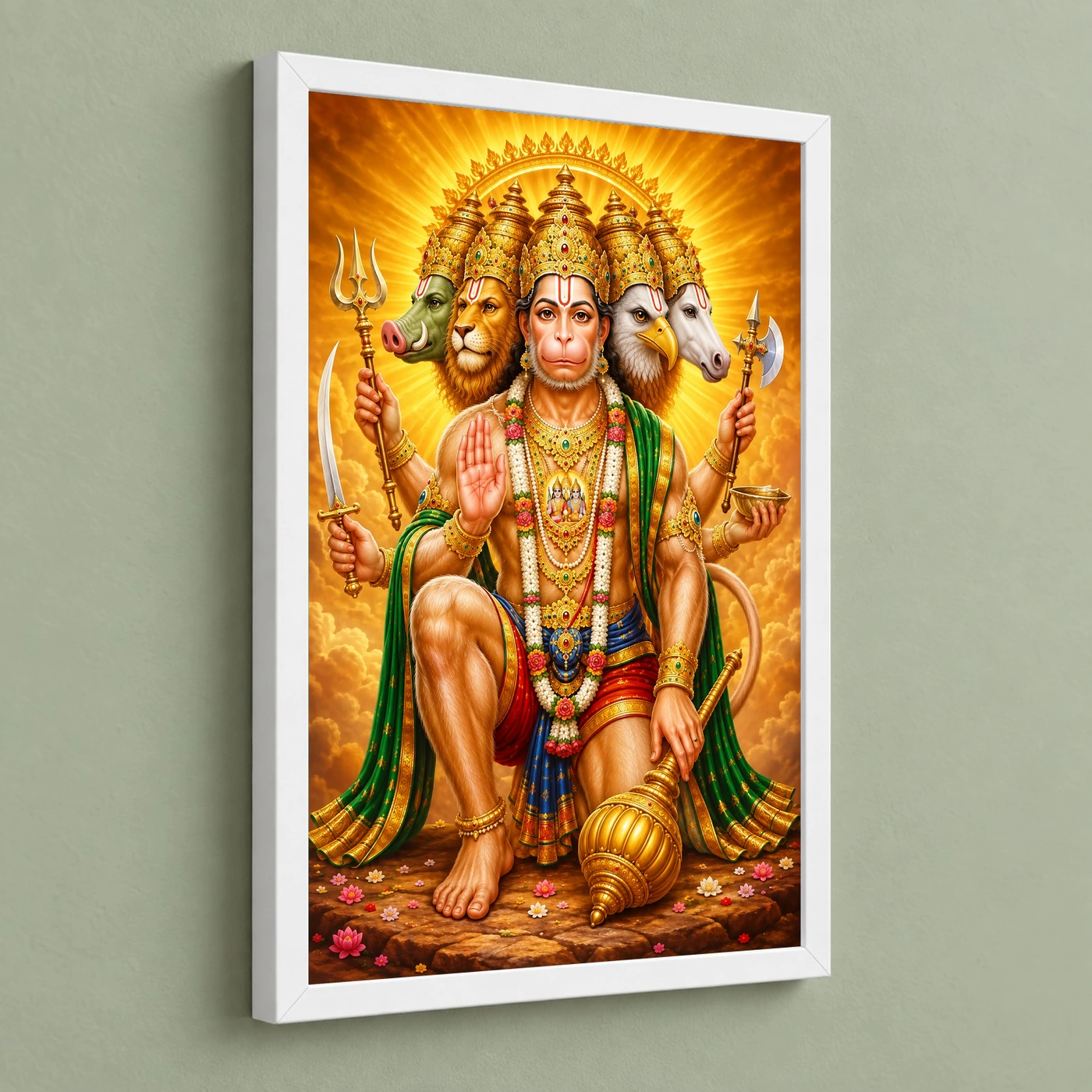 Panchmukhi Hanuman Peaceful Home Mandir Composition Photo Frame 5 Panchmukhi Hanuman Peaceful Home Mandir Composition Photo Frame — white frame angled wall