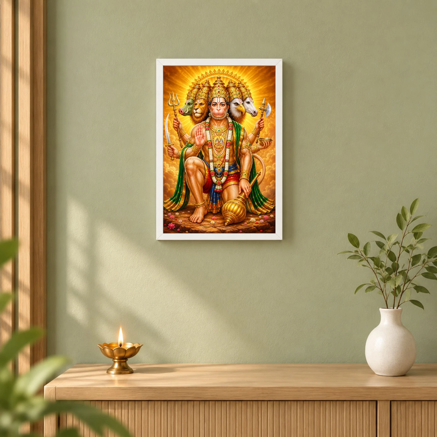 Panchmukhi Hanuman Peaceful Home Mandir Composition Photo Frame 6 Panchmukhi Hanuman Peaceful Home Mandir Composition Photo Frame — white frame distant wall