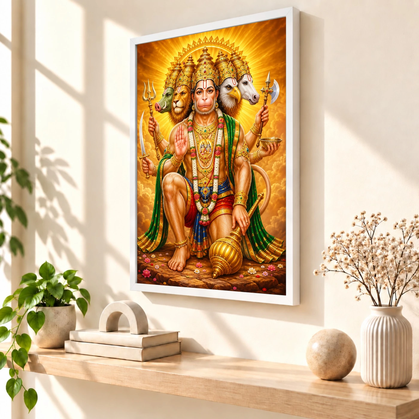 Panchmukhi Hanuman Peaceful Home Mandir Composition Photo Frame 7 Panchmukhi Hanuman Peaceful Home Mandir Composition Photo Frame — white frame warm console